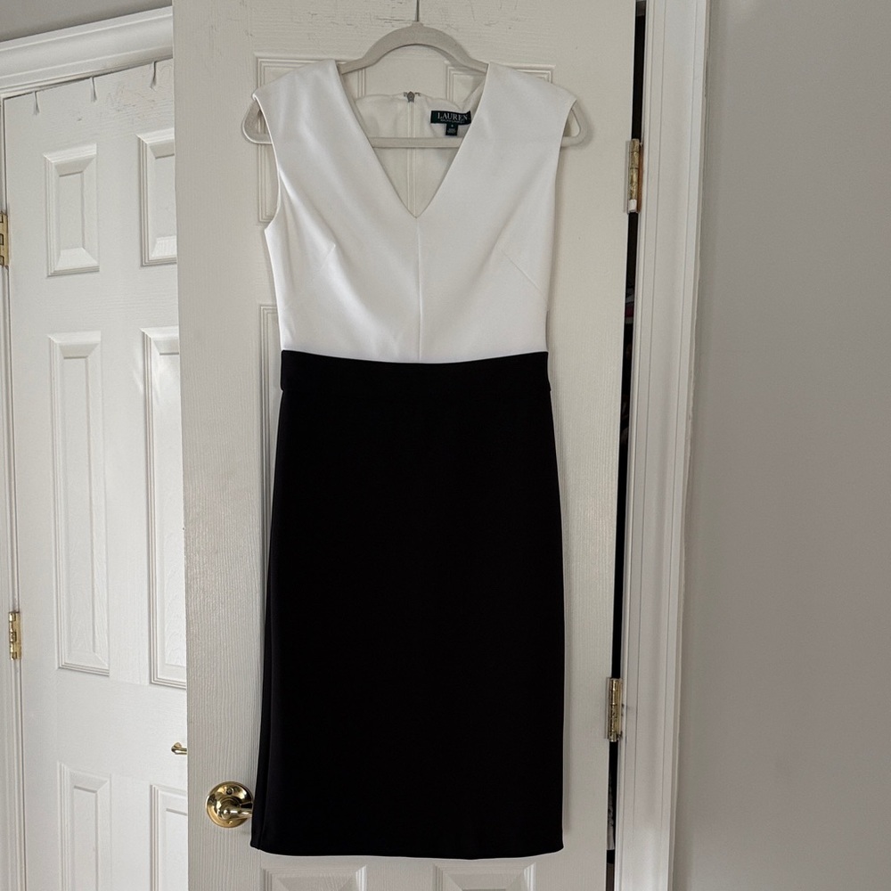 Lauren Ralph Lauren Two-Tone V-Neck Midi Dress - White & Black